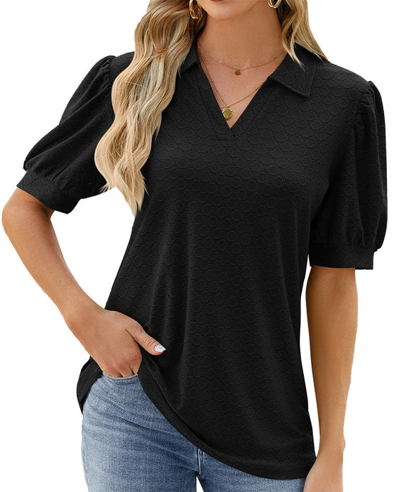 Solid color lapel puff sleeve top