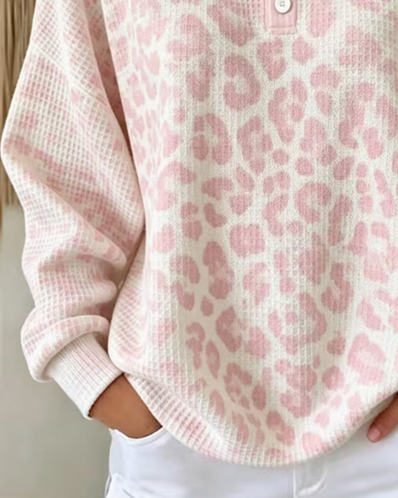 Crew-Neck Button-Down Leopard Casual Sweatshirt