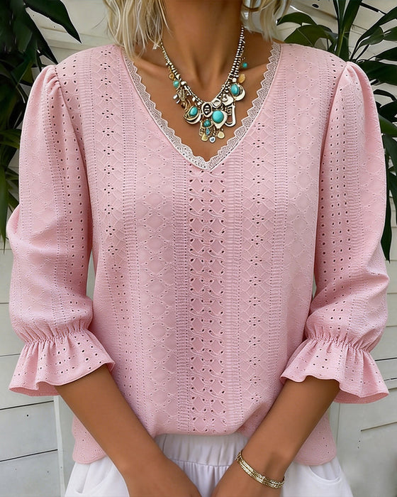 Elegant V-Neck Lace Cut-Out T-Shirt