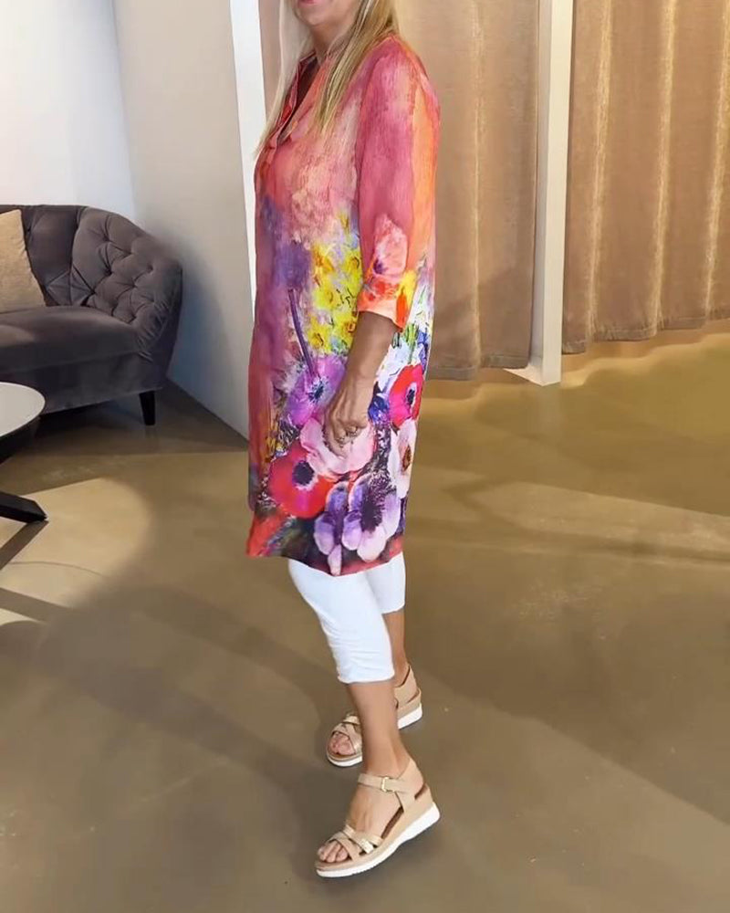 Stylish Stand-Collar Floral Print Dress