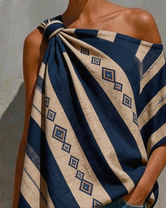 One-Shoulder Twist Diamond Stripe Blouse
