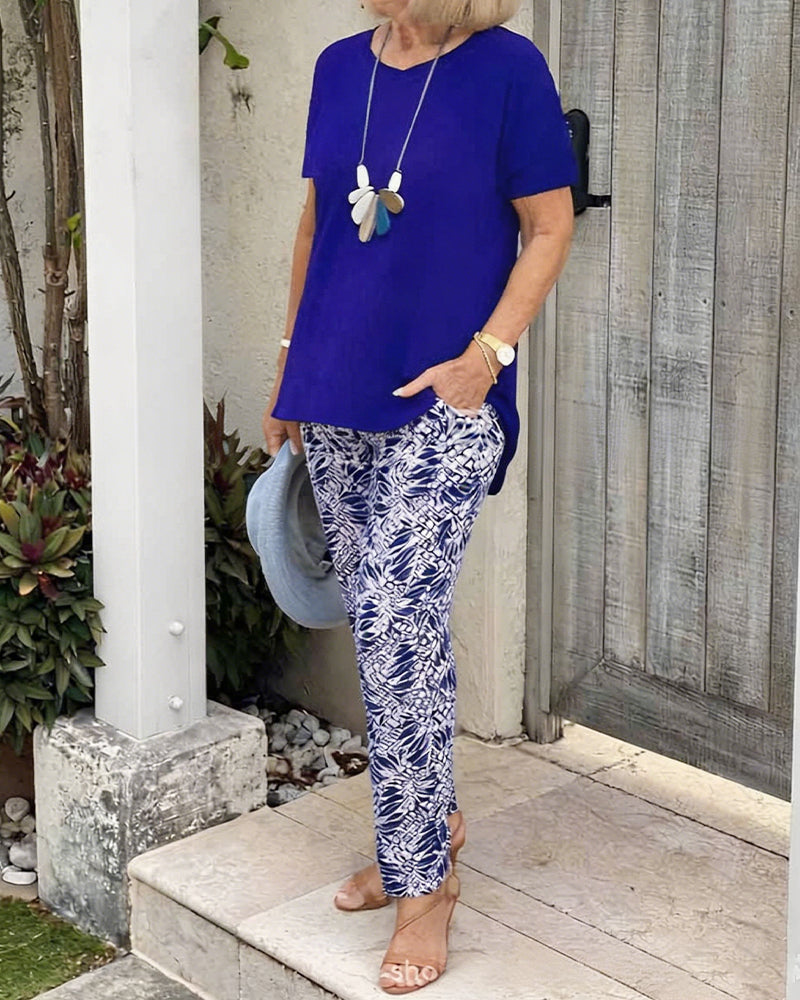 Solid Color Print Casual Set