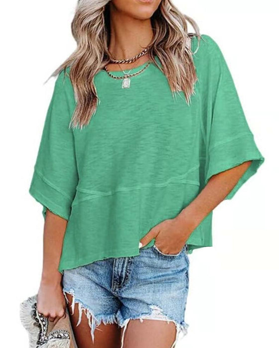 Non-Slit Patched Solid Color Bell Sleeve T-Shirt