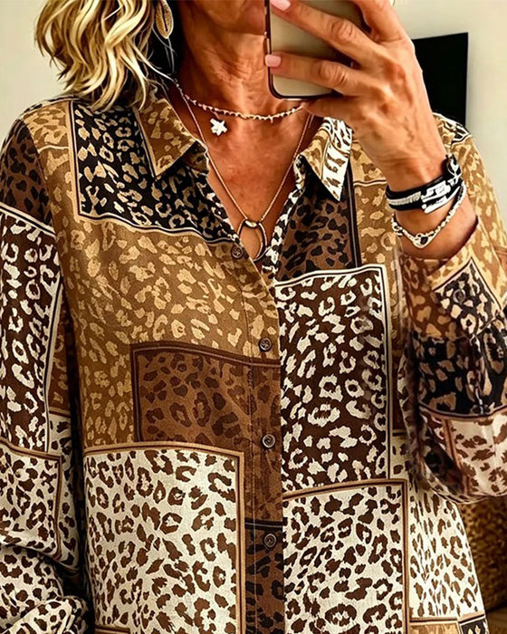 Lapel Button Leopard Plaid Shirt|