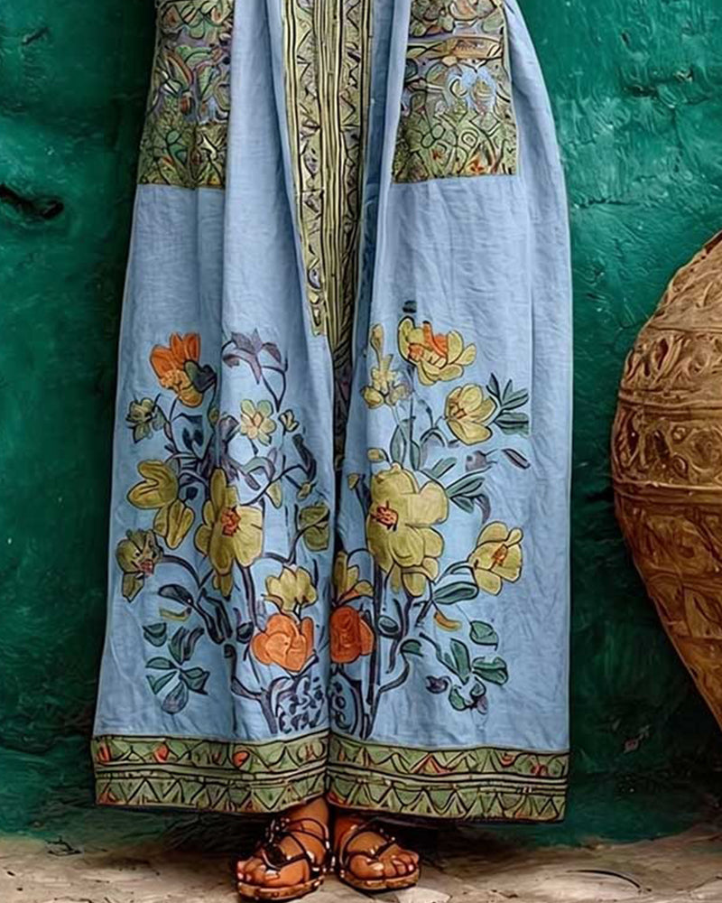 Retro Print Pocket Sleeveless Long Dress