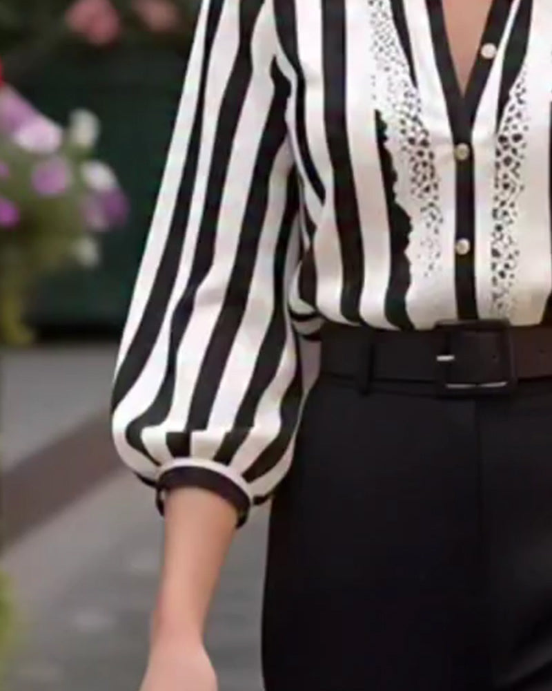 Lantern Sleeve Stand Collar Lace-Trimmed Shirt