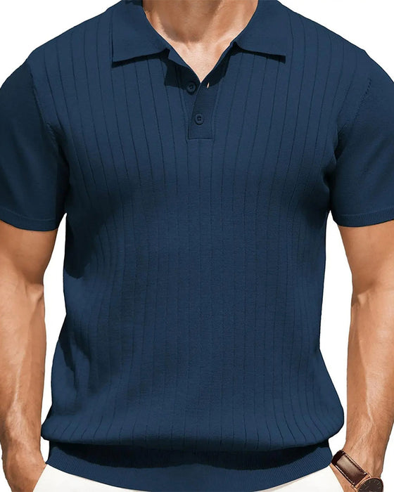 Ribbed Knit Polo Collar T-Shirt