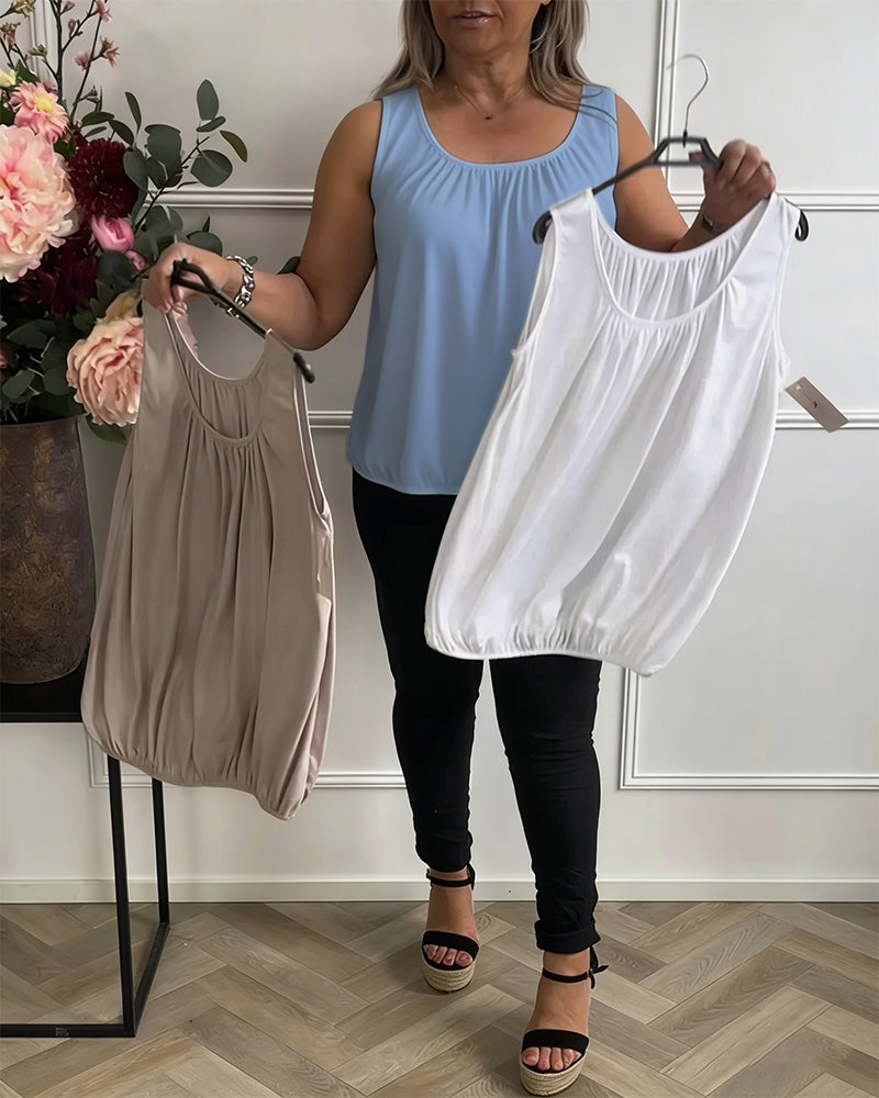 Sleeveless Solid Color Pleated Tank Top