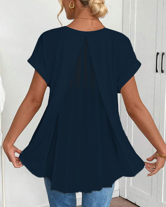 Short-Sleeved Solid Color Patchwork T-Shirt