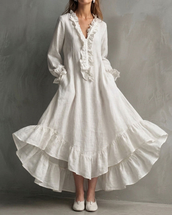 Long Sleeve Ruffled V-Neck Maxi Dress