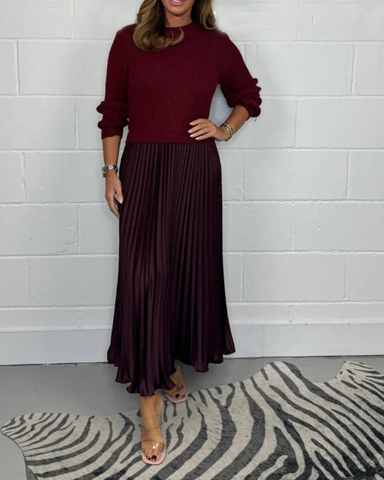 Casual contrast color patchwork pleated dress