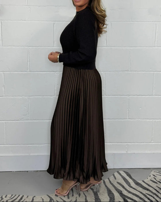 Casual contrast color patchwork pleated dress