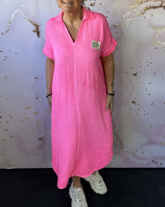 V-Neck Pleated Solid Color Long Dress