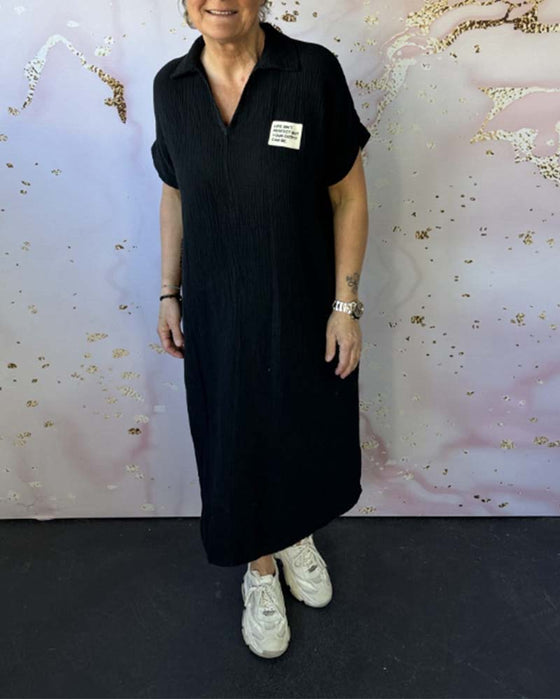 V-Neck Pleated Solid Color Long Dress