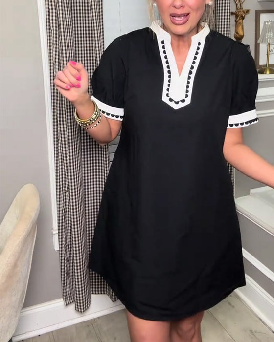 Bubble Sleeve Color Block V-Neck Dress