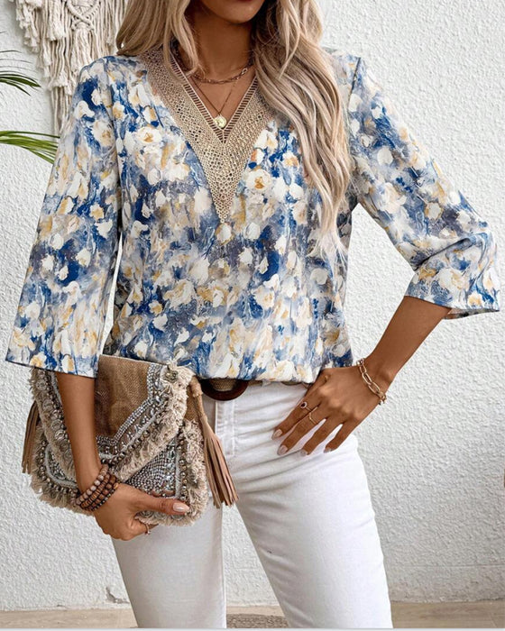 V-Neck Three-Quarter Sleeve Floral Print Blouse