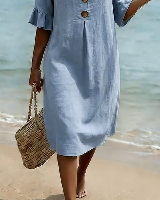 Button Ruffle Sleeve 100% Cotton Dress