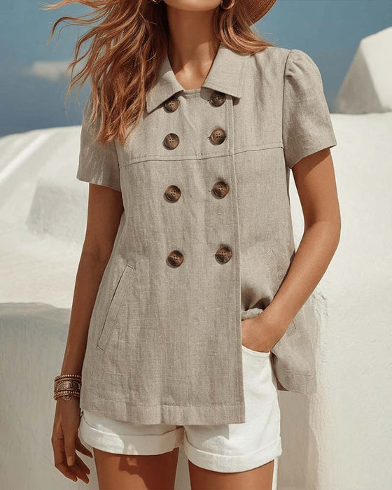 Button-Front Lapel Bubble Short Sleeve Blouse