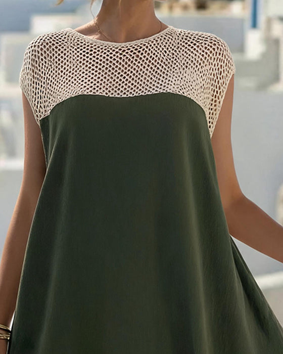 Crew Neck Mesh Ruffled Patchwork Dress