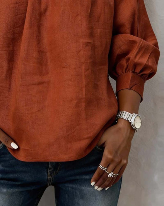 Solid Color Long-Sleeved Crew Neck Blouse