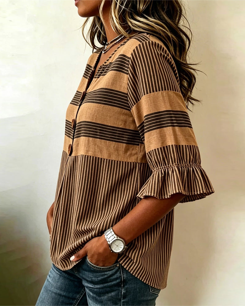 V-Neck Ruffle Striped Patchwork Blouse