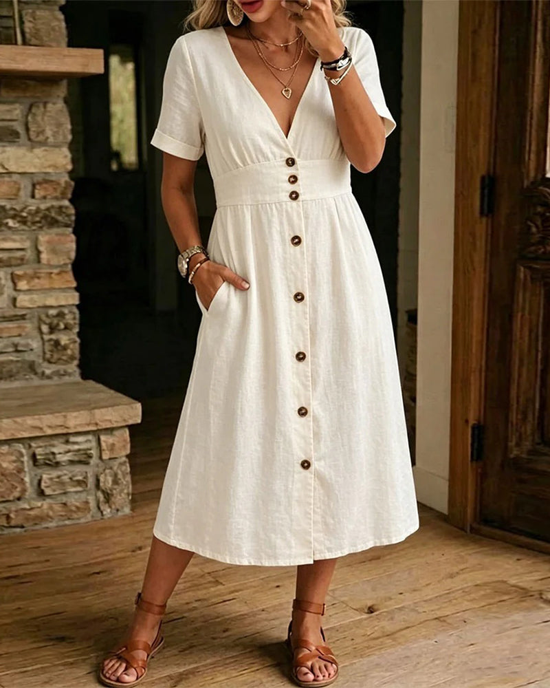 V-Neck Short-Sleeved Button-Up Dress