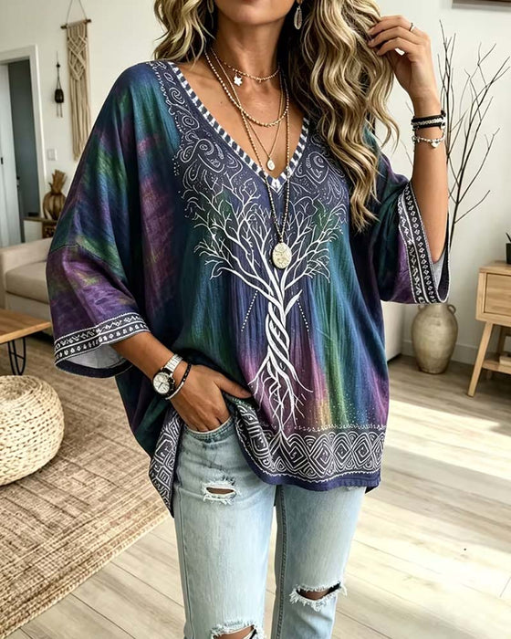 V-Neck Ombre Color-Block Blouse