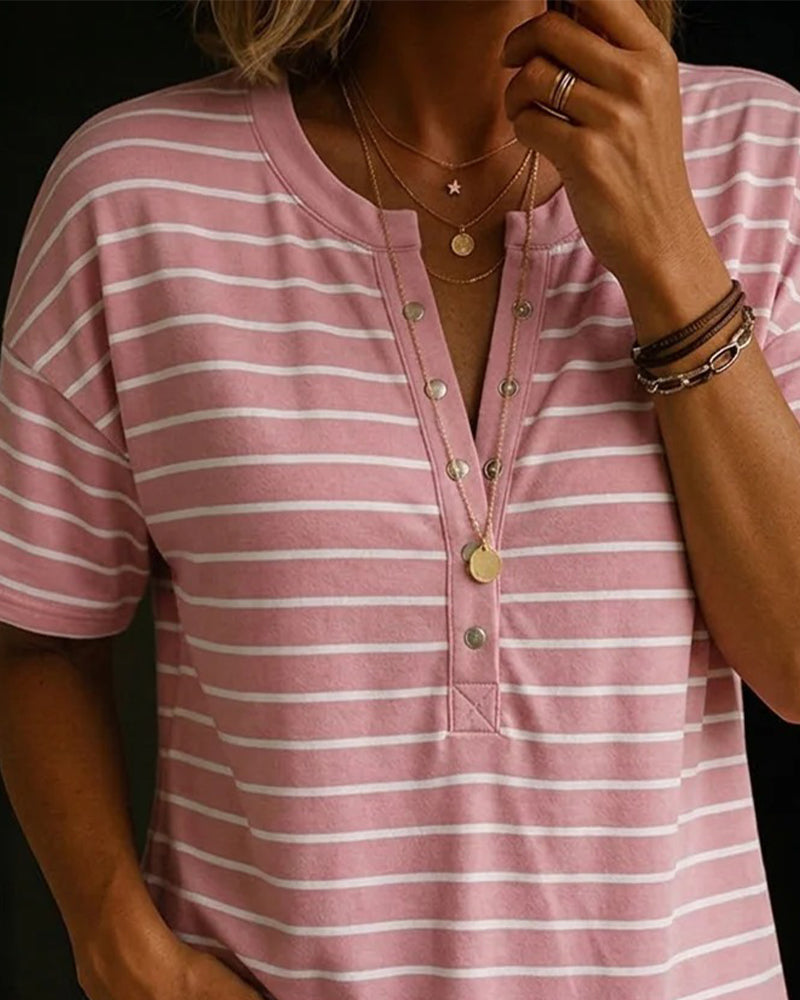 Horizontal Striped Henley Neck Short Sleeve T-Shirt