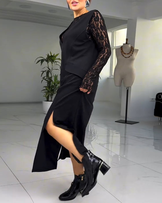 European And American Lace Stitching Slit Dress