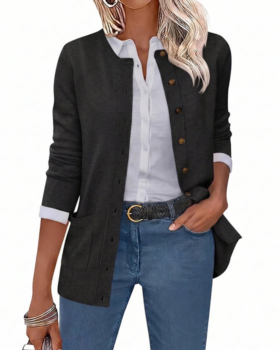 Crew Neck Button Long Sleeve Solid Cardigan