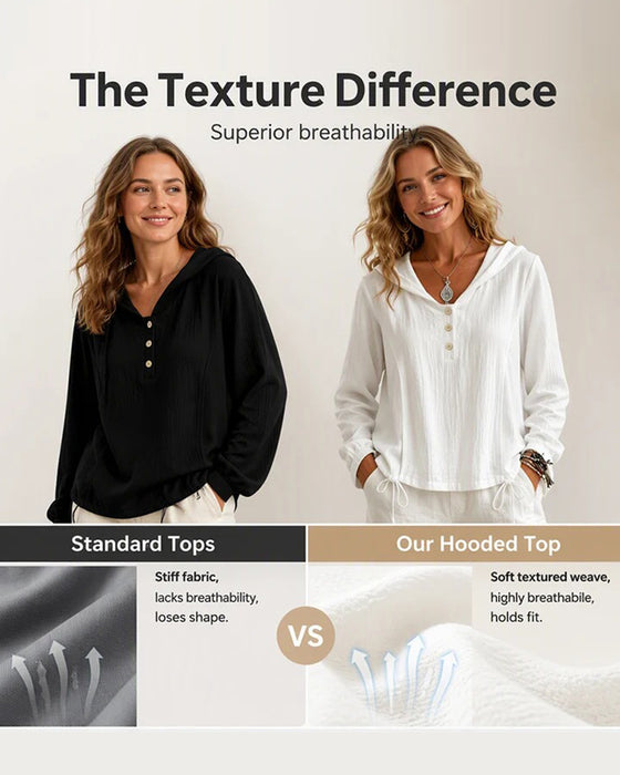Solid Button Hooded Long Sleeve Top
