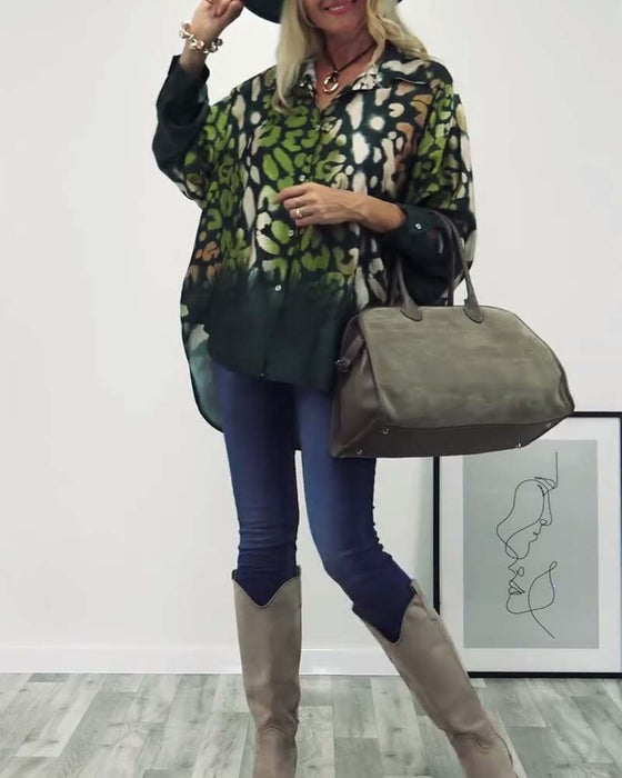 Leopard print lapel casual shirt