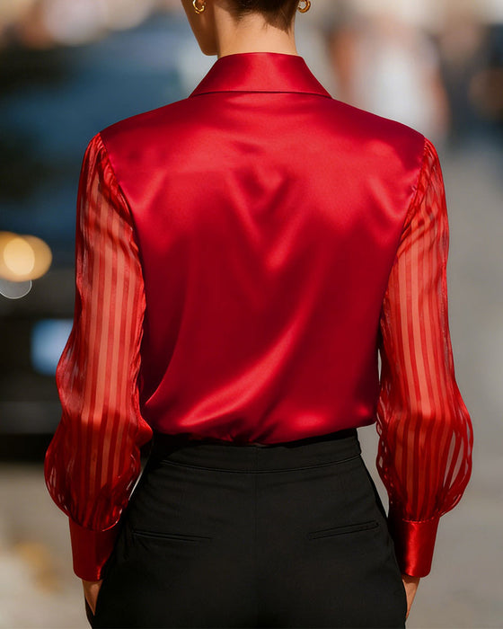 Solid Color Lapel Patchwork Long Sleeve Shirt