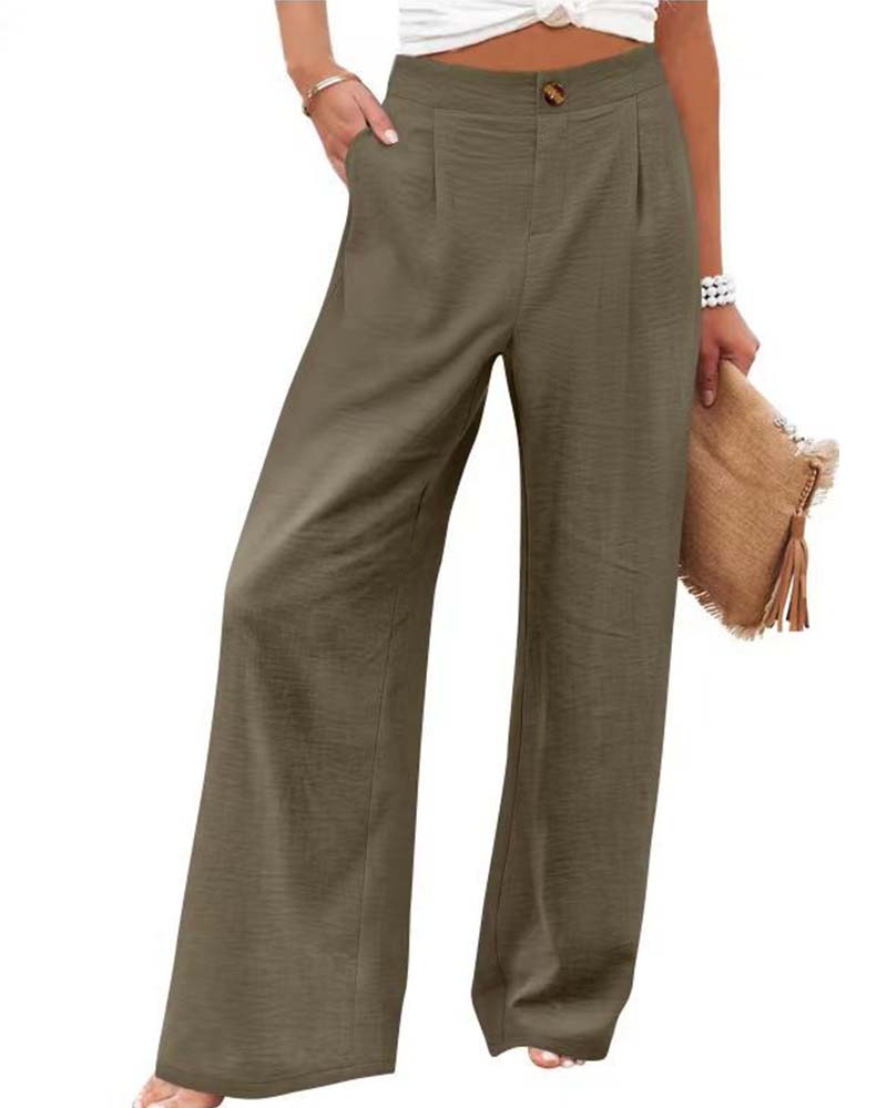 Button Elastic Waist Wide-Leg Pants