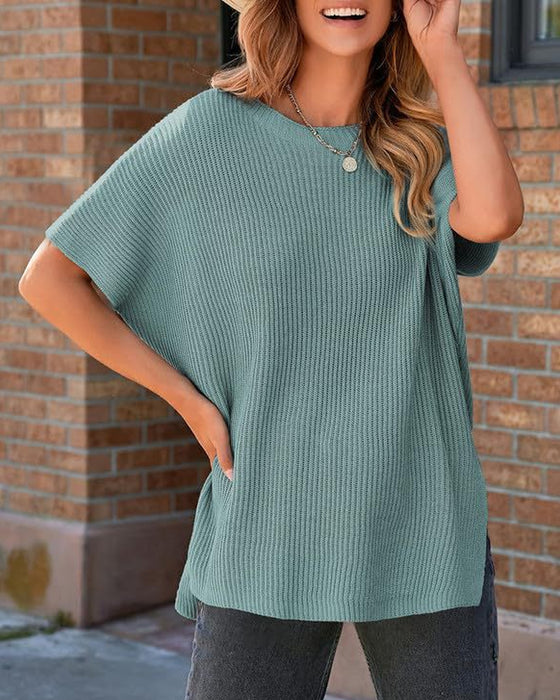 Solid Crewneck Batwing Sleeve Pullover