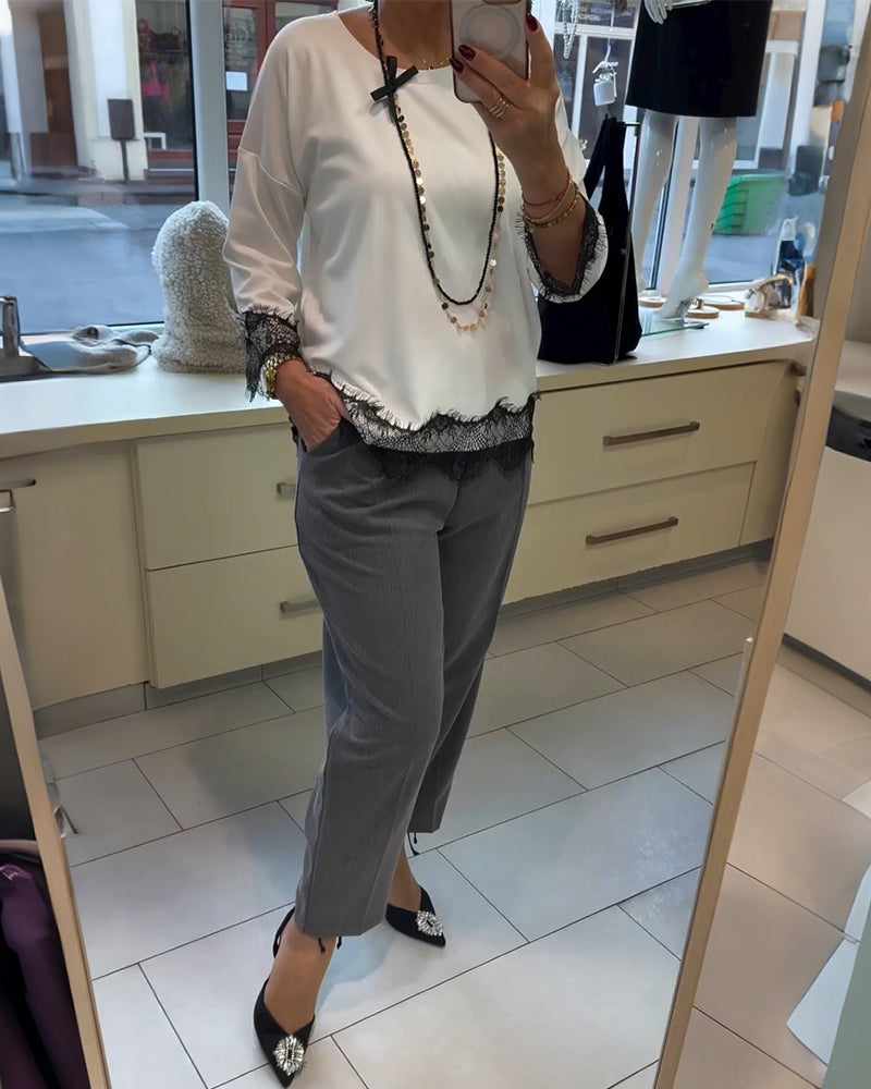 Lace Patchwork Crew Neck Top