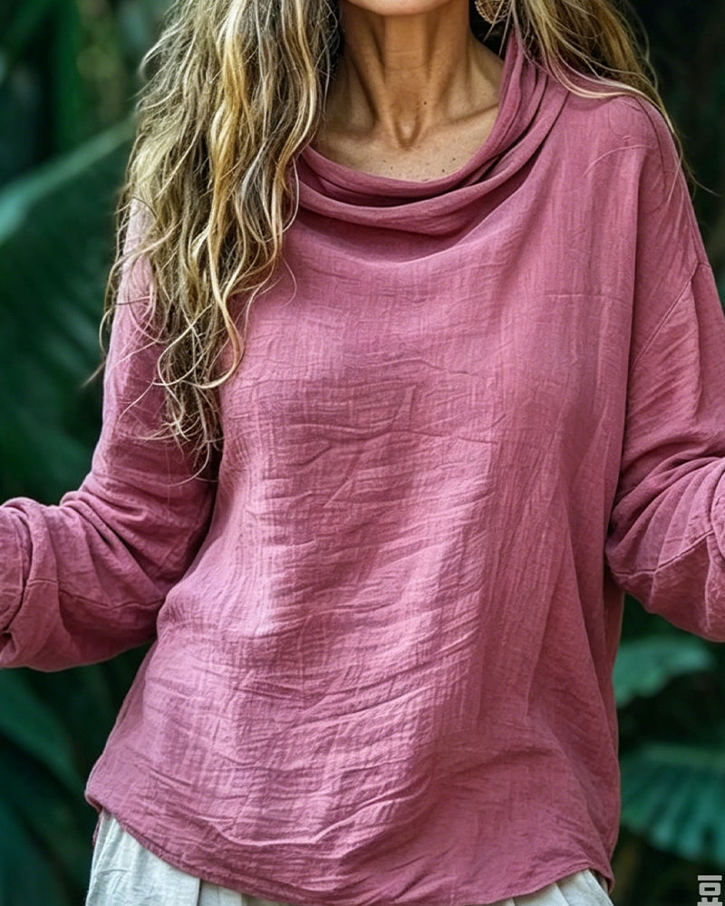 Draped Neck Casual Solid Long Sleeve Blouse