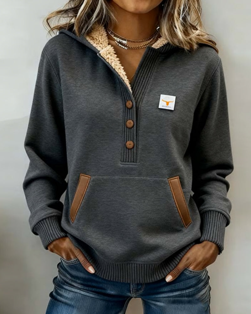 Color-Blocked Button-Down Collar Stylish Hooded Sweatshirt