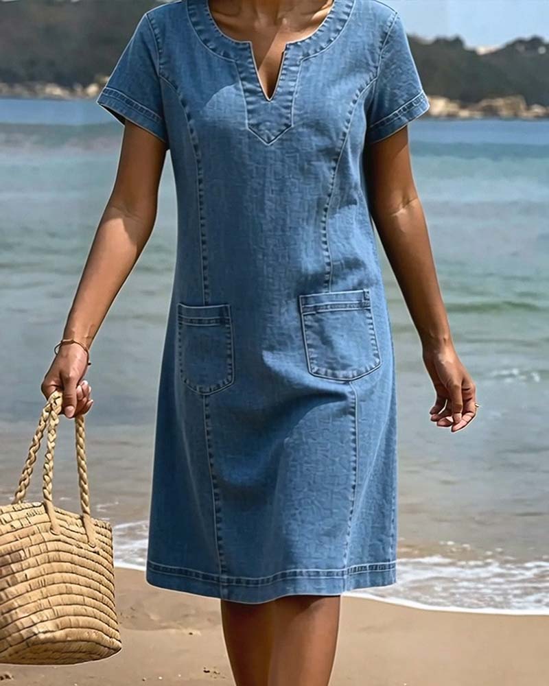 Relaxed Sheath Pocket Small V-Neck Dress