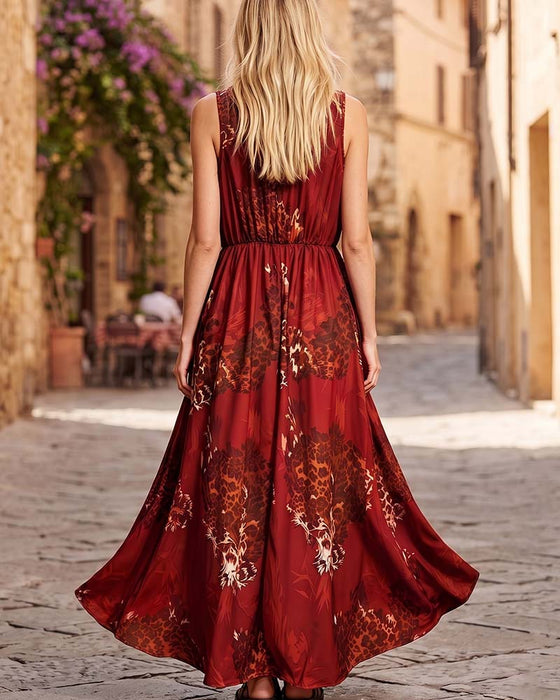 V-Neck Leopard Bohemian Spaghetti Strap Maxi Dress