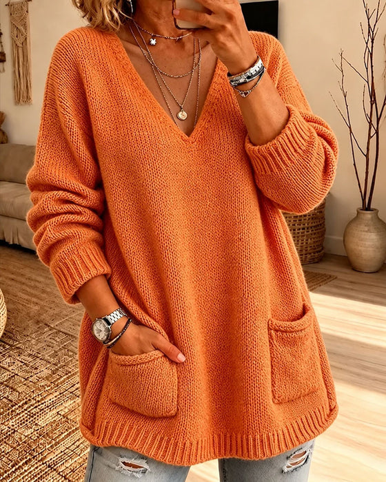 Loose V-Neck Drop Shoulder Pullover