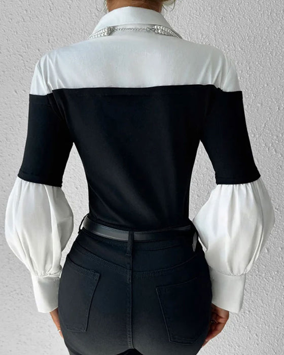 Color-Block Off-Shoulder Lantern Sleeve Patchwork Top