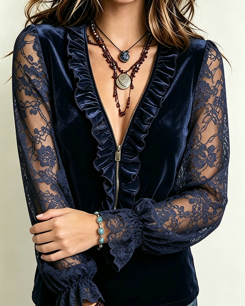 V-Neck Zipper Ruffle Blouse