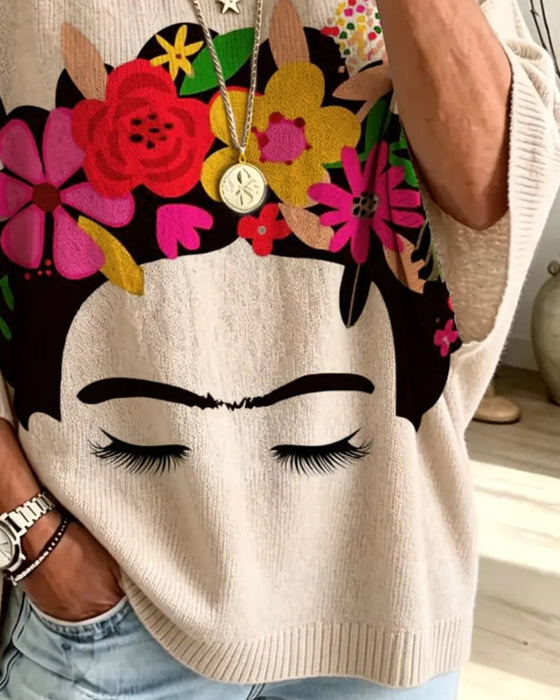 Loose Fit Face Floral Print Pullover