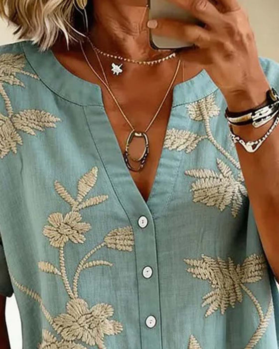 V-Neck Printed Short-Sleeved Blouse