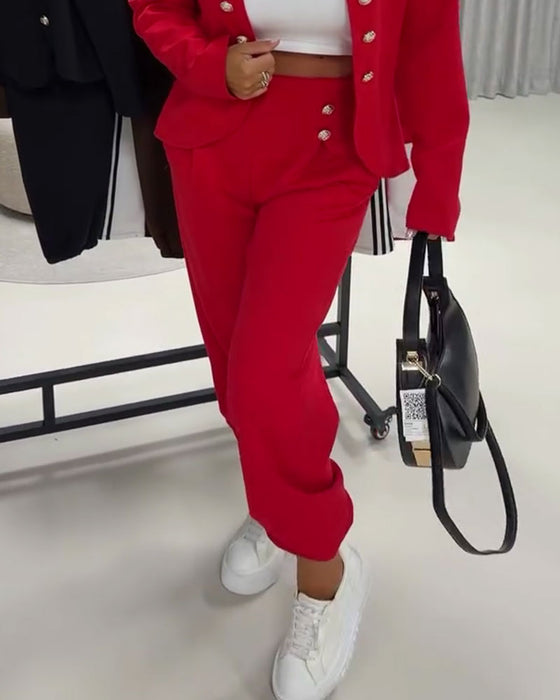 Solid Color High Waist Casual Button Pants