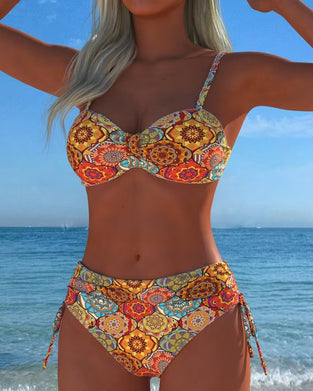Lace Up Hoop Print Bikini