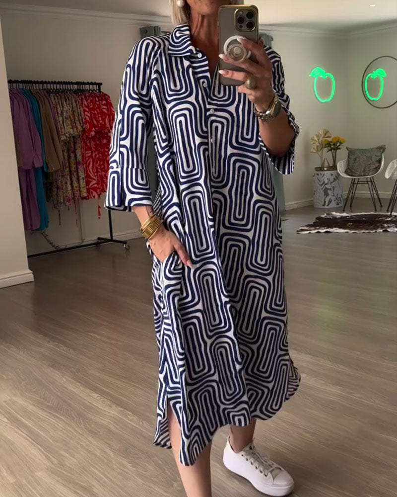 Lapel Geometric Print Loose Dress