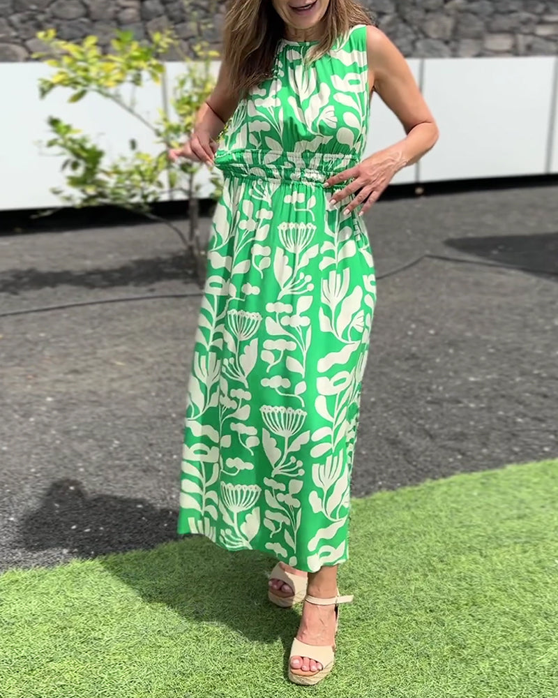 Sleeveless Long Waisted Printed Dress