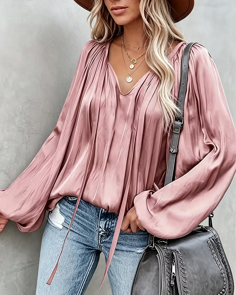 Lace-Up Solid Color Blouse